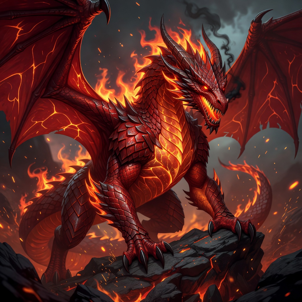 Obsidian Rampart Drake — Pyre fire guardian dragon as unbreakable lava bastion with obsidian scales