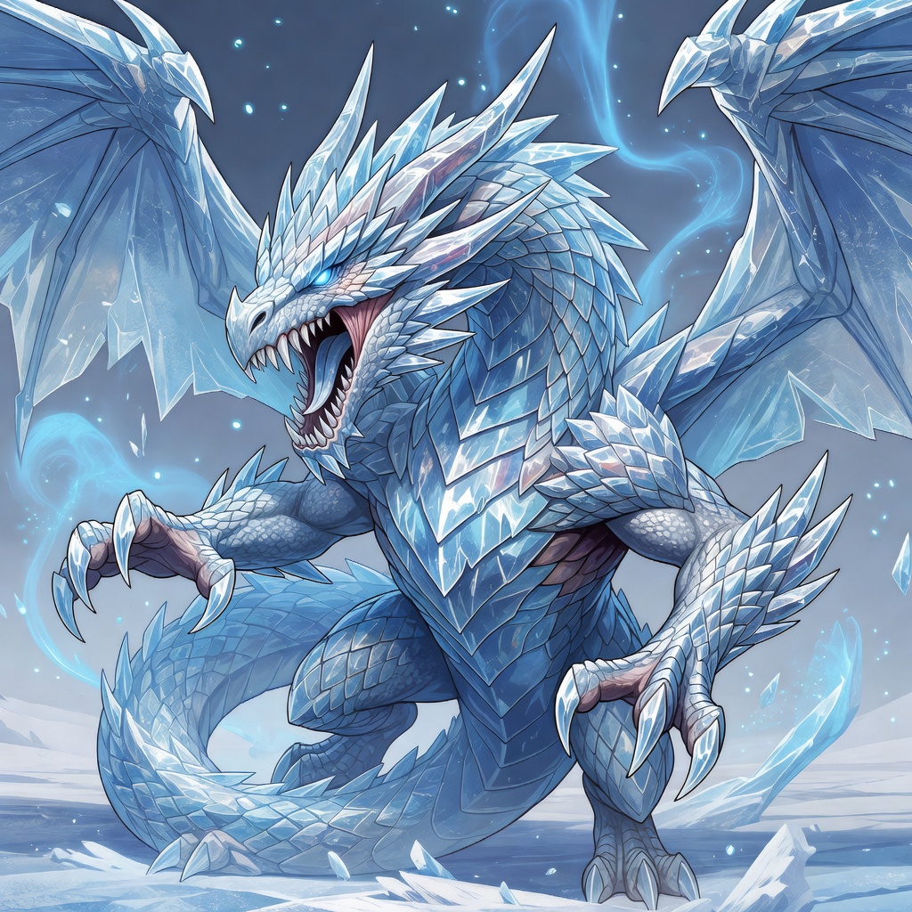 Frostfang Hunter — Aetherfrost ice attacker dragon roaring with crystalline fangs and frost breath